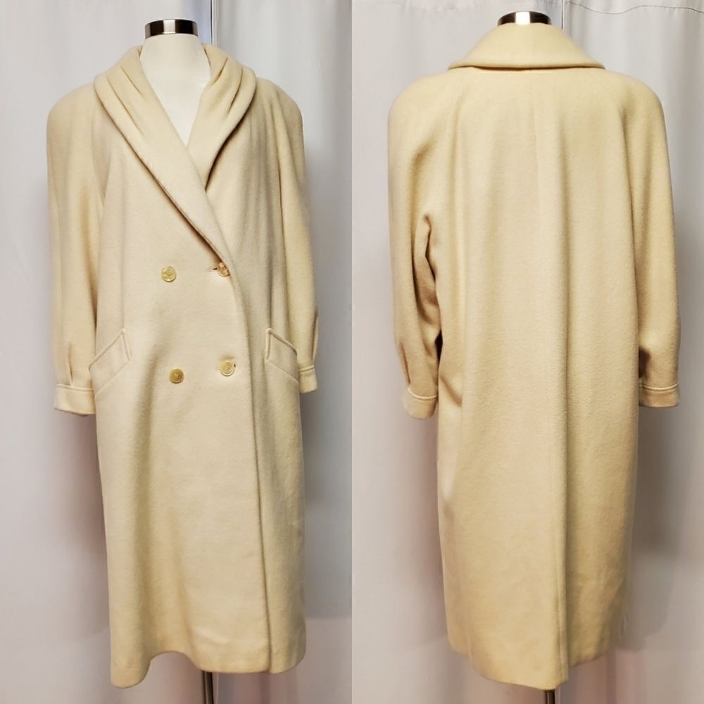 Vintage 80s Retro Cream Wool Blend Double Breasted Trench Coat XL‎